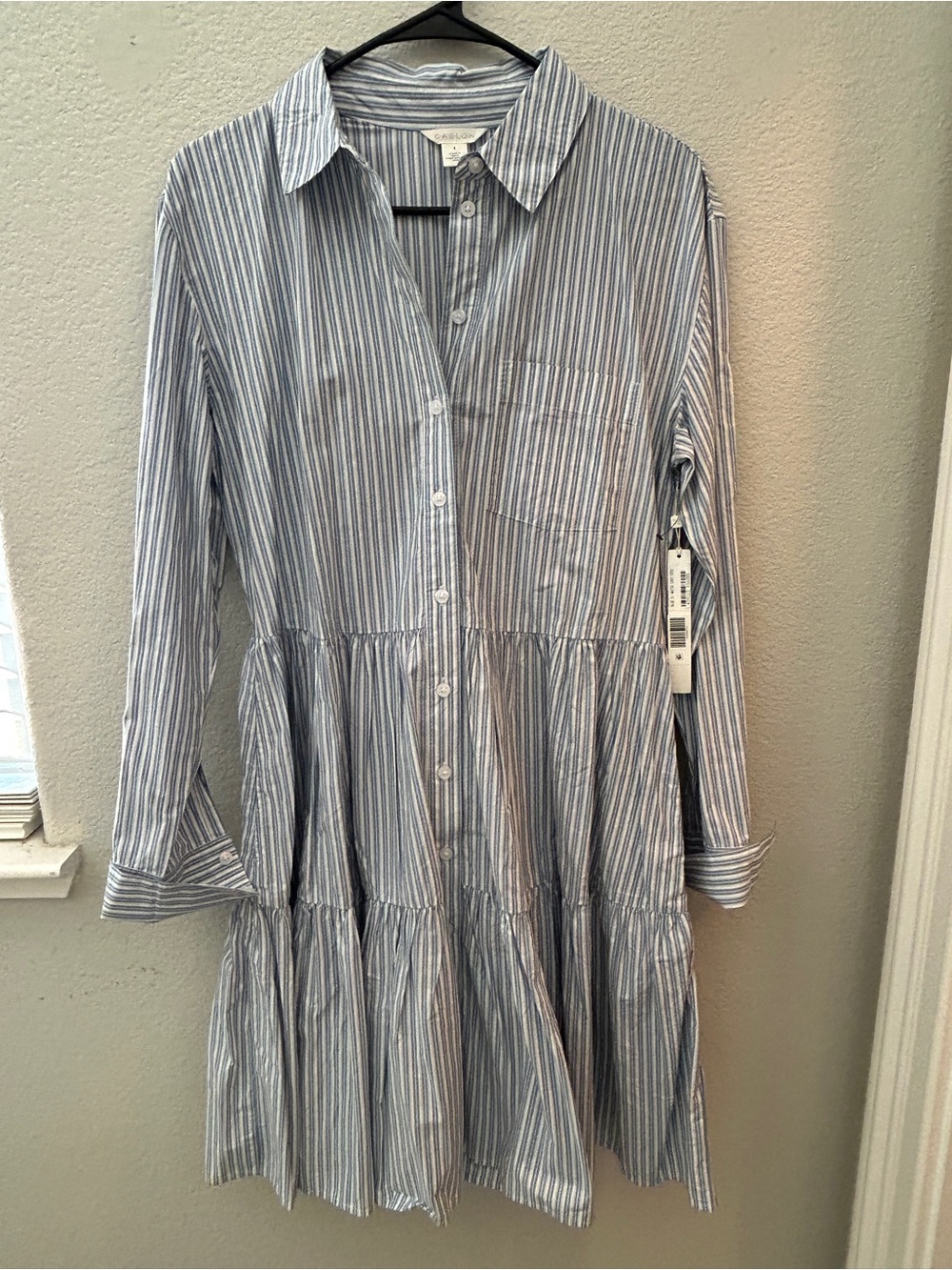 Caslon Blue and White Striped Button-Front Tiered Dress